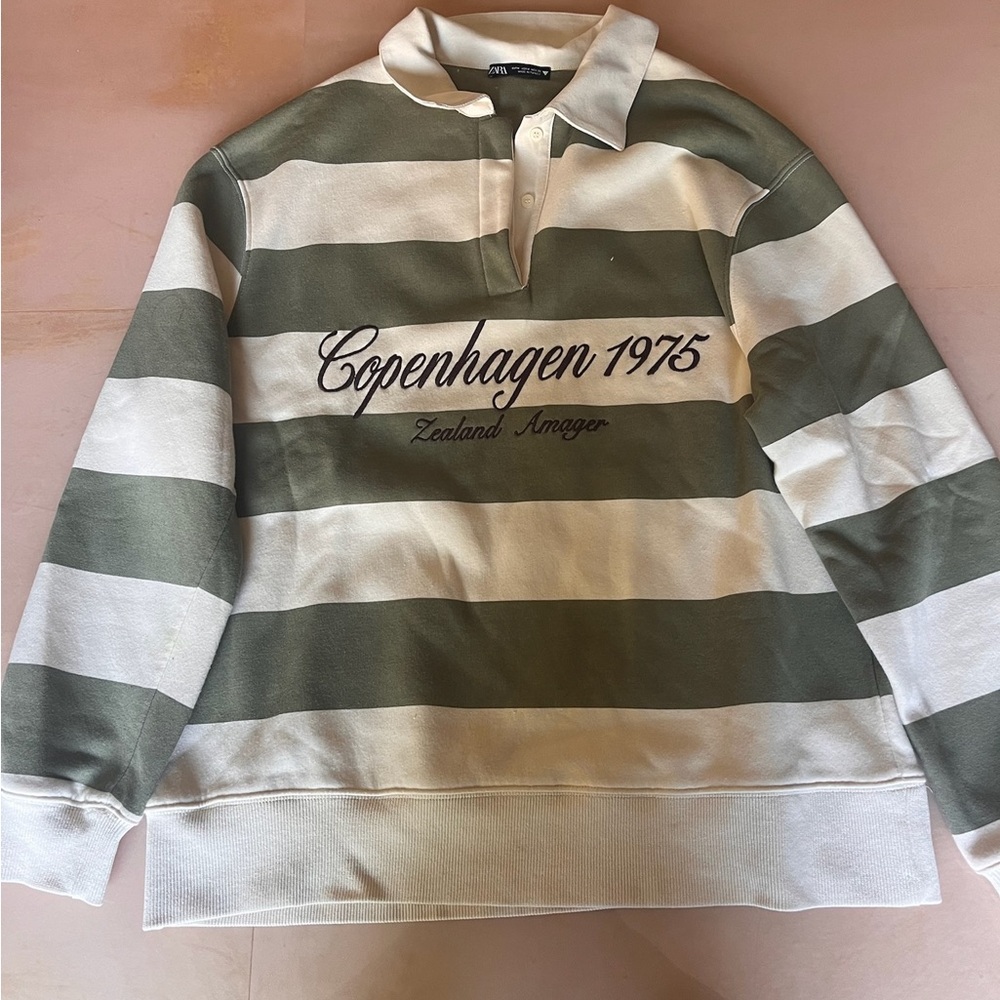 Zara Olive and White Striped Polo